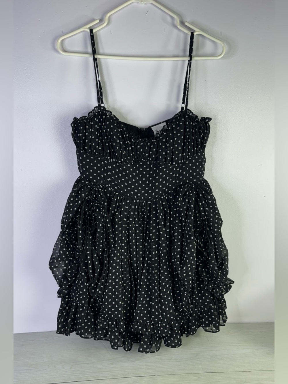Sky to Moon ruffle mini Dress Size Medium Black/White Polka Dot